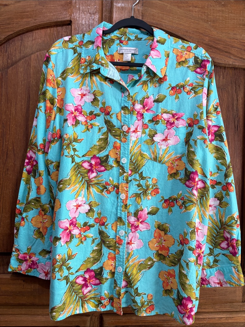 Christopher & Banks Turquoise Floral Button-Down Shirt with Pink & Orange Blooms